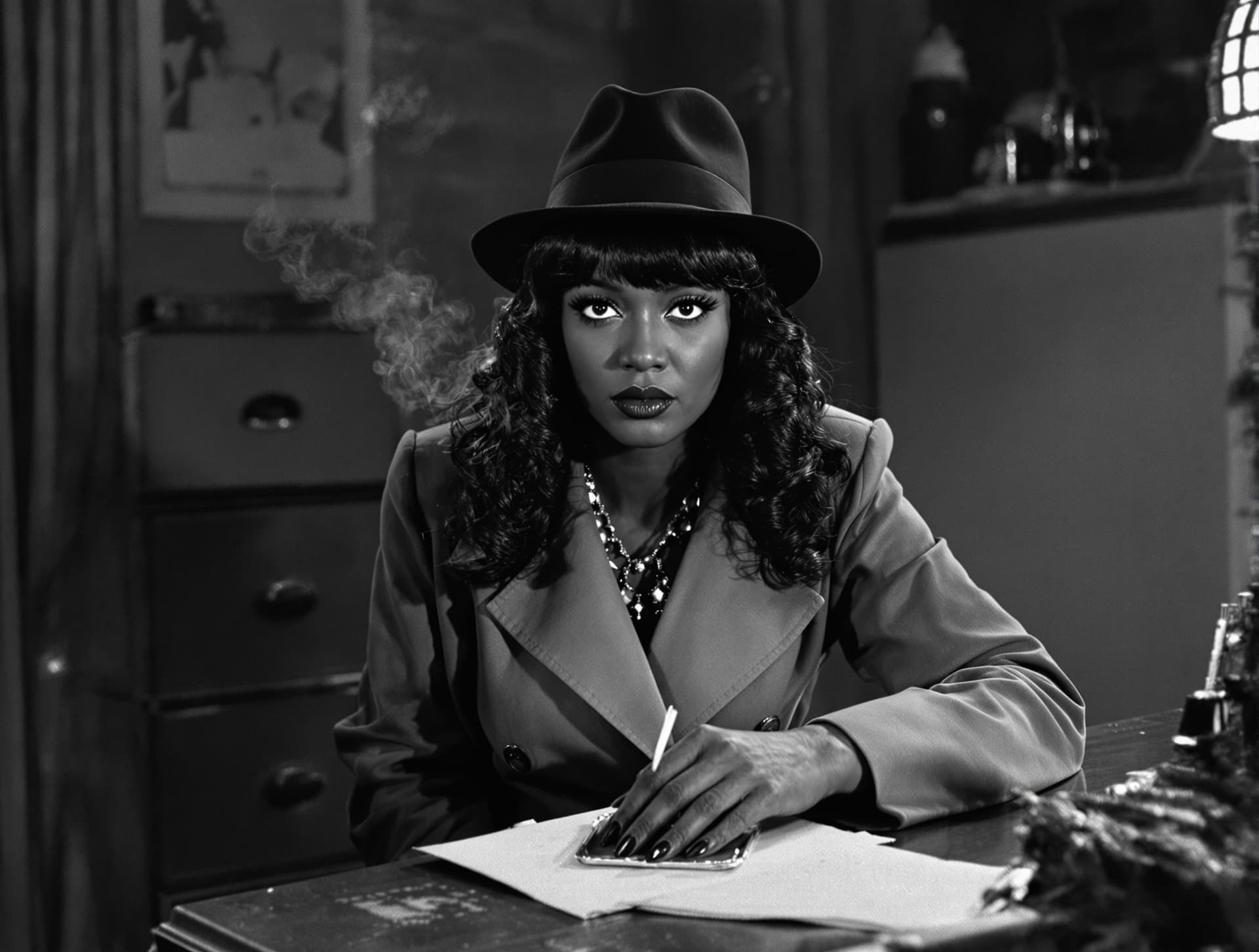 AI generated: black and white film stock, high contrast, full body movie clip of the most beautiful detective in t...