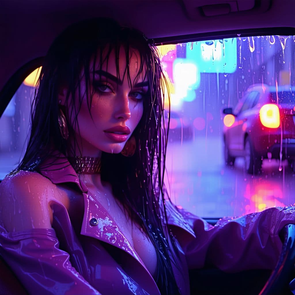 AI generated: A fashion editorial, front view, Jessica Rabbit sitting in car and looking out window in wet rainy n...