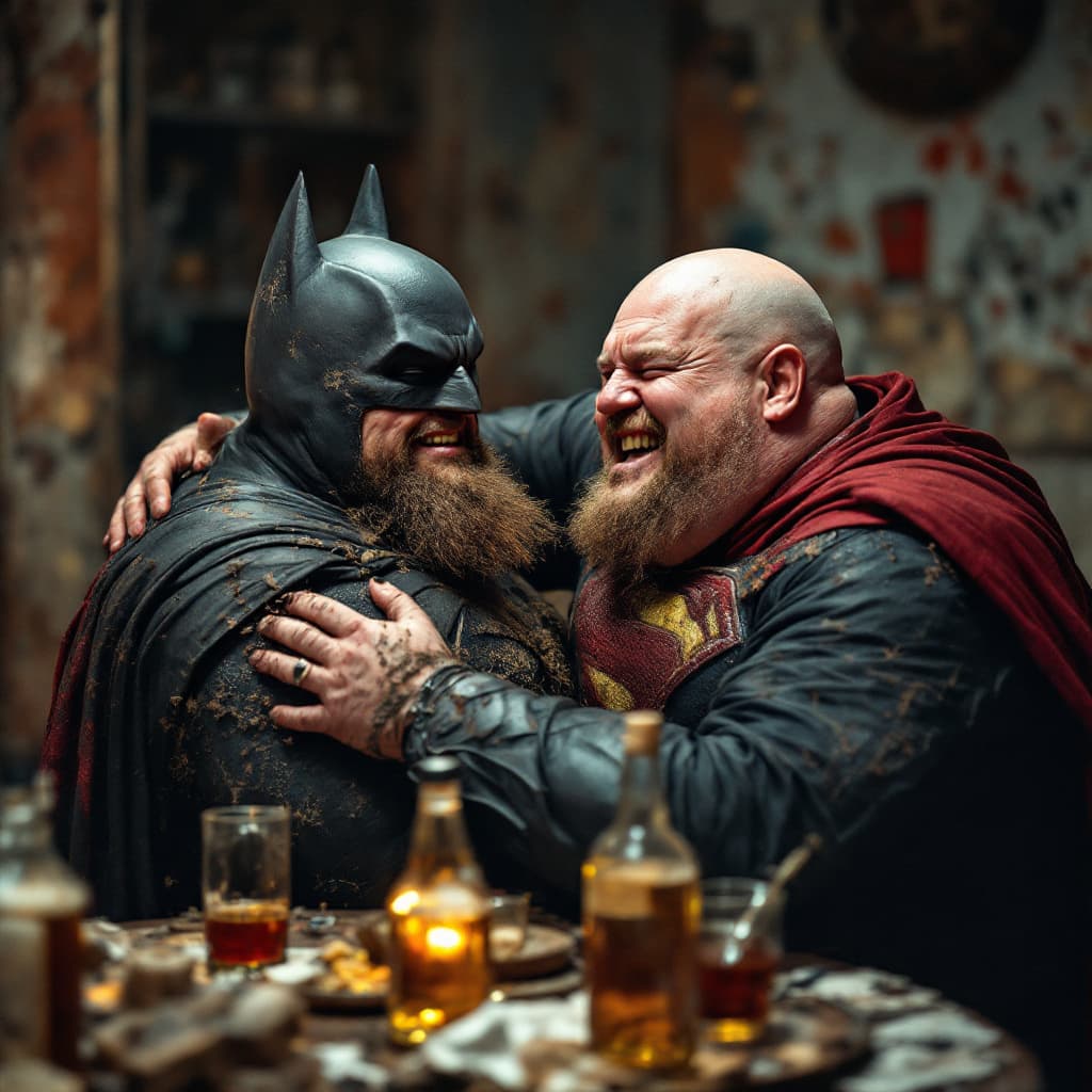 AI generated: photography, medium shot of a batman and superman bald  drunk, laughing very fat, the suits are mudd...