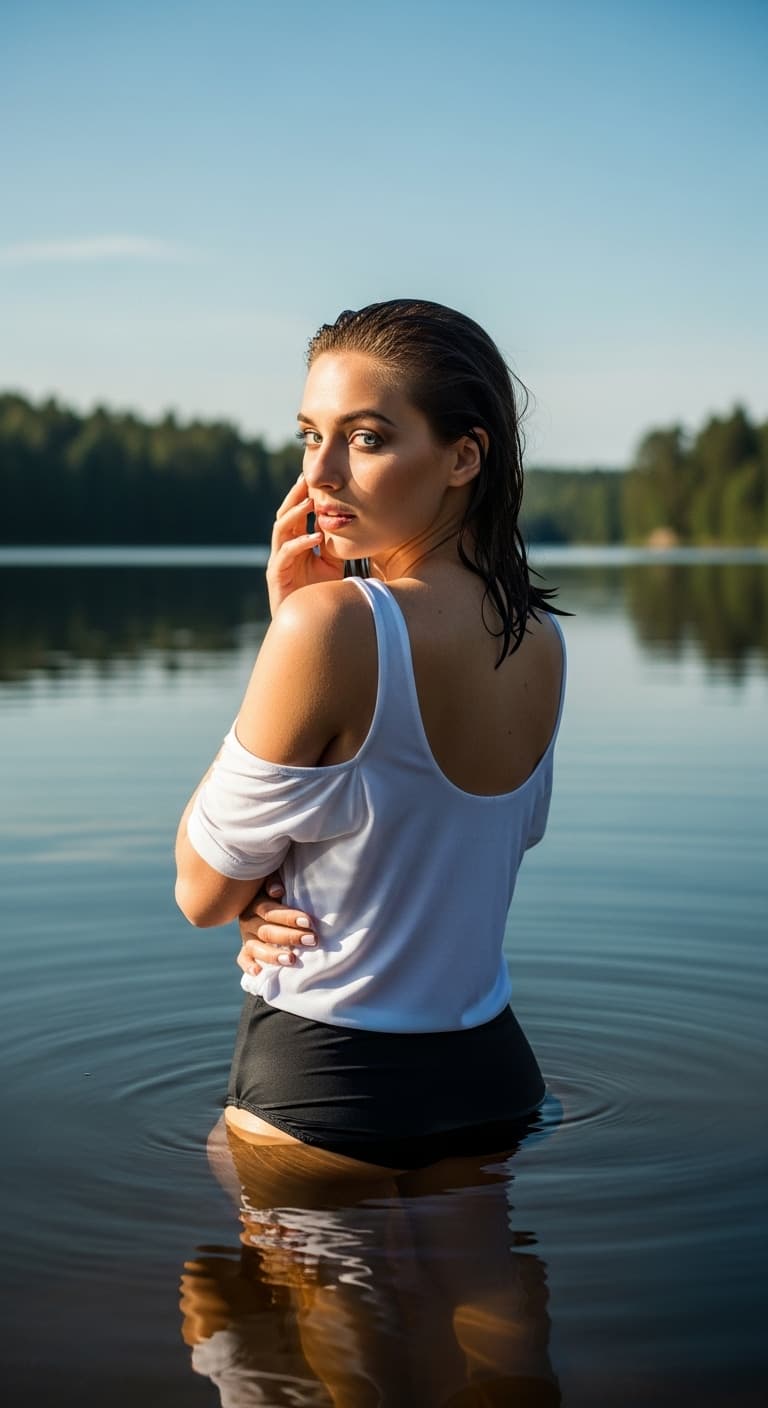 AI generated: A woman stands in a serene lake, her back to the viewer, looking over her shoulder with light blue e...