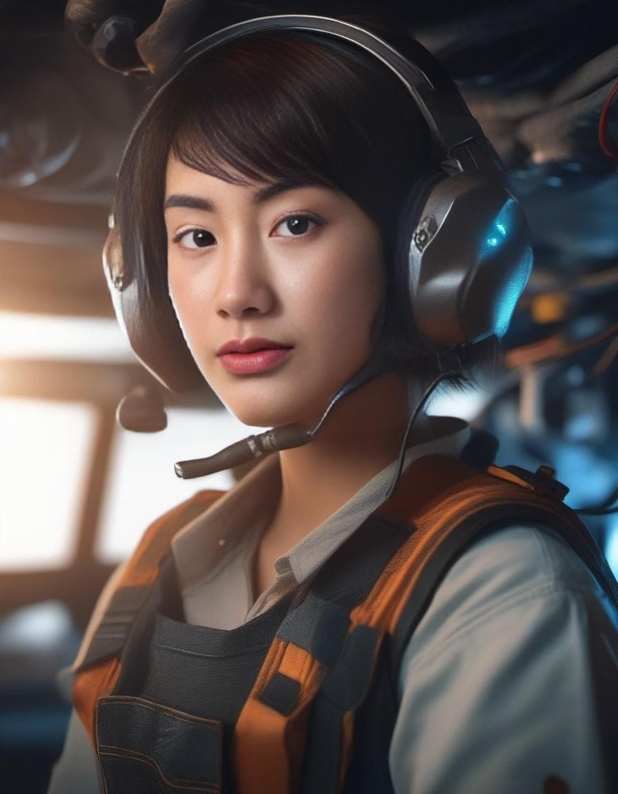 AI generated: close up photographic front view shot, cinematic shot,

a mechanic young girl sitting, enjoying af...