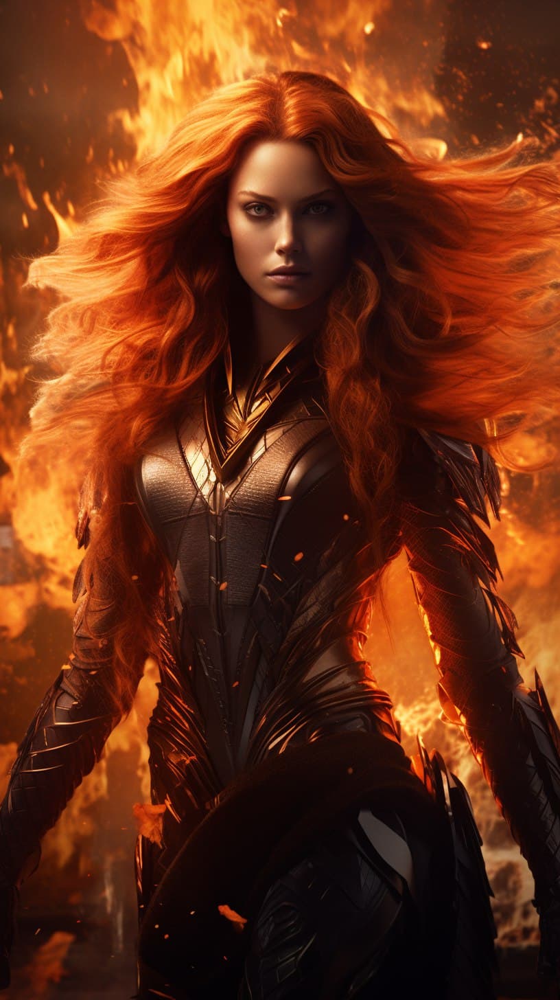 AI generated: a woman standing in front of a fire, still from marvel movie, nekro, she has long redorange hair, he...