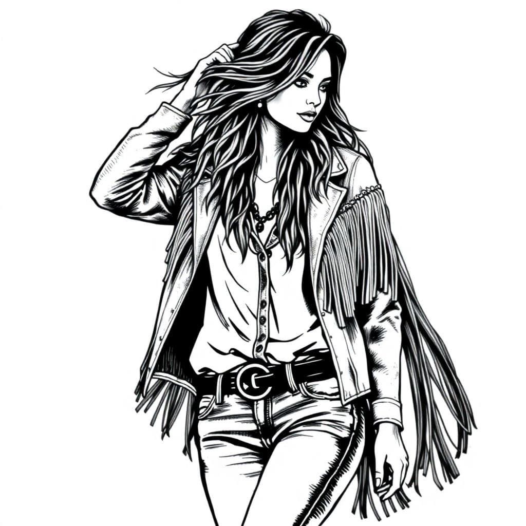 AI generated: pen and ink style stipulated beautiful hippy women wearing a fringe jacket and jeans,