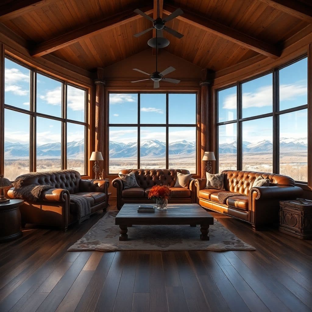 AI generated: High resolution photography interior design, dreamy western living room, wooden floor, large windows...