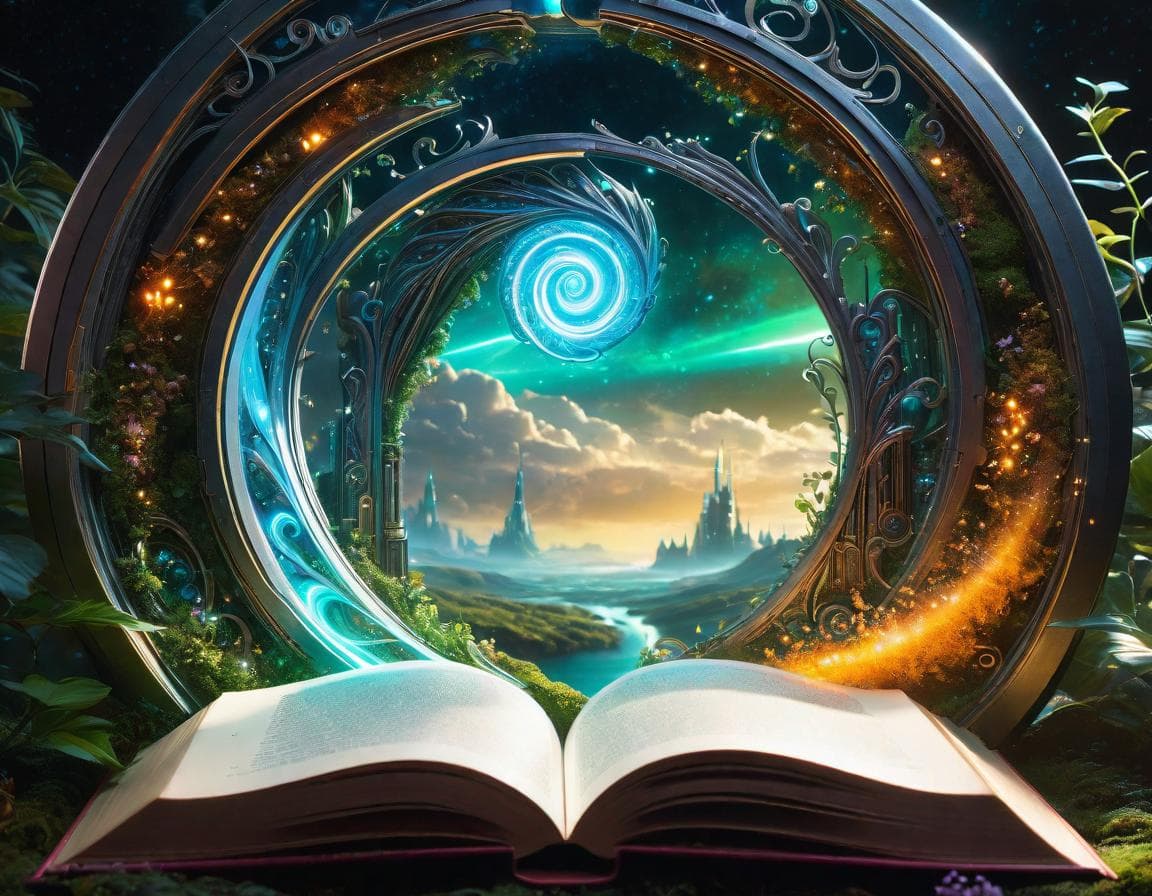 AI generated: As I turned the pages, a magnificent scifi portal to a magical enchanted world sprouted from the boo...
