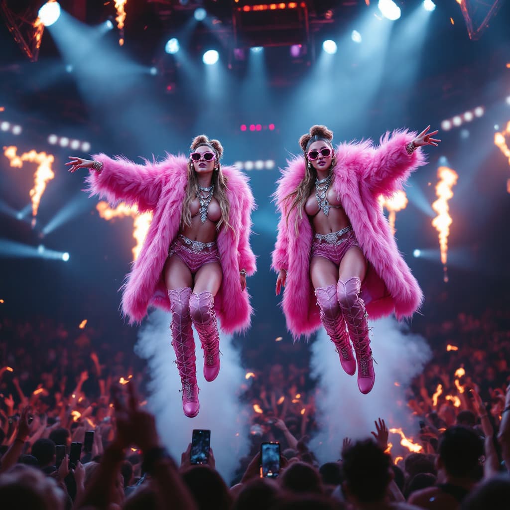 AI generated:  twin sisters on stage, dressed like rappers, flying on jetpacks, wearing pink fur coats, wearing di...