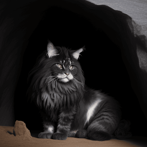 AI generated: Enourmous, blacksmoke main coon sitting at edge of it's cave