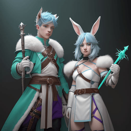 AI generated: male d&d harengon, female dnd rabbitfolk, female d&d anthro rabbit :: white fur with light blue tipp...