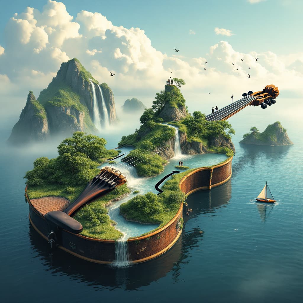 AI generated: A fantastical landscape emerges from the form of a violin lying horizontally on a calm body of water...