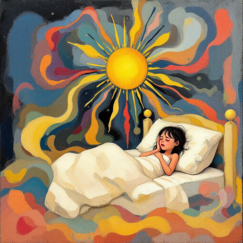 AI generated: A small girl crying in bed. Beside her bed is the sun, the sun is in human form, radiating, healing ...