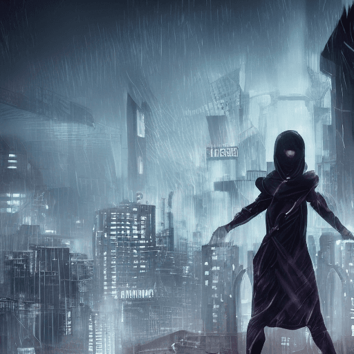 AI generated: Digital artwork, concept art, a female ninja with Prompt Hero logo on her chest, standing on rooftop...