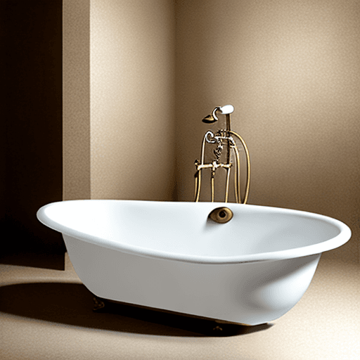 AI generated: empty white enamel oval bathtub, with a bronze plughole