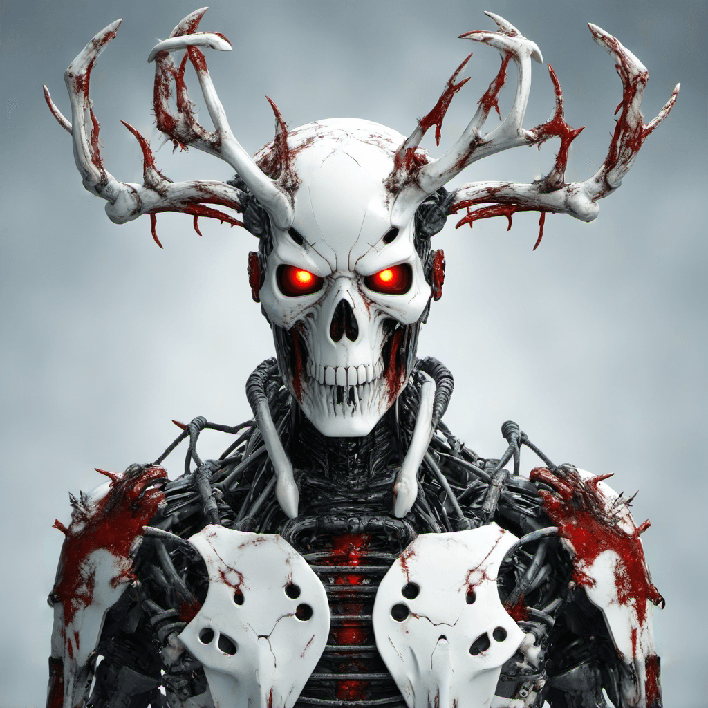 AI generated: upper body cinematic image, cybernetic robot with deer skull bone exoskeleton. hybrid. white fangs t...