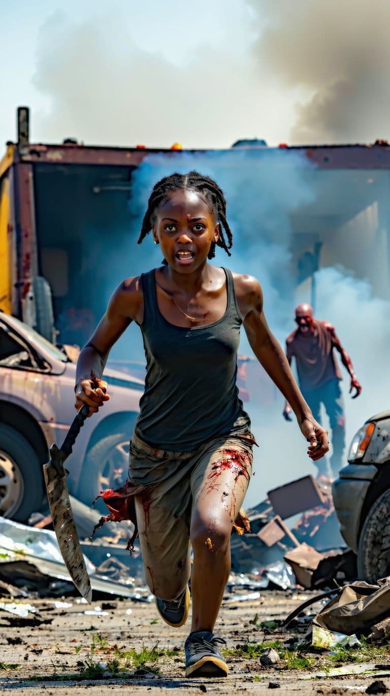 AI generated: On the junkyard, smoke in the background, and zombies. A very young black woman running with destroy...
