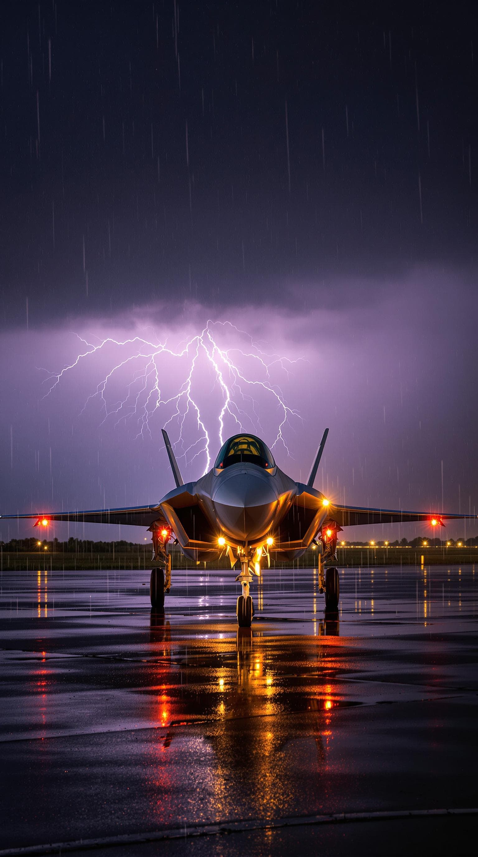 AI generated: A highly realistic F35 fighter jet sat on the ground at RAF Marham in the rain, lightning in the sky...