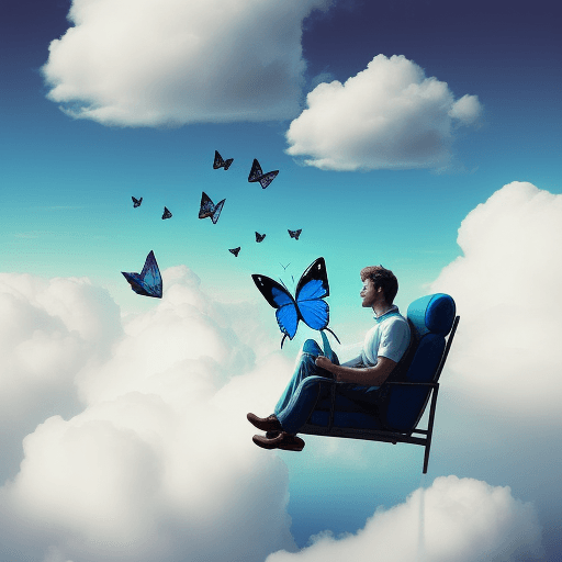 AI generated: Man seating in clouds with butterfly