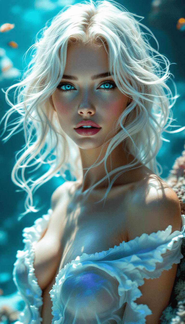 AI generated: A flowing and fluid character with platinum blonde hair that moves like the ocean waves. Her eyes ar...