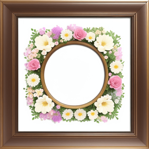 AI generated: Create a frame that is surrounded by flowers with a realistic background that has a perfect colour f...
