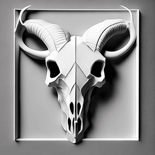 AI generated: symmetrical white 3d relief of rams skull on black board, no shadows, hyper realism, smooth, no boar...