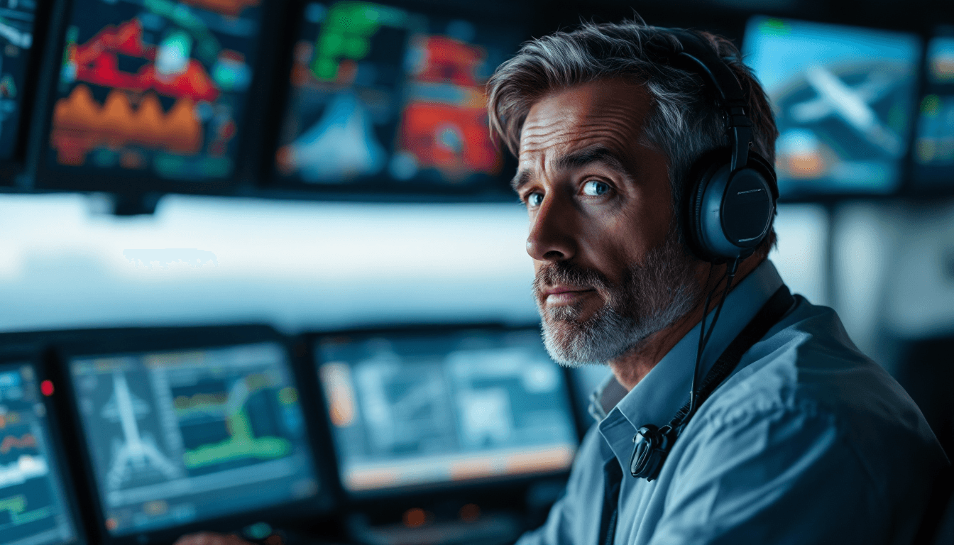 AI generated: 8K image of an air traffic controller with a look on his face of, oops, I made a mistake.