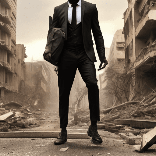 AI generated: cinematic, postapocalyptic, Rule of thirds photograph angry, tall, athletic, attractive, handsome, b...