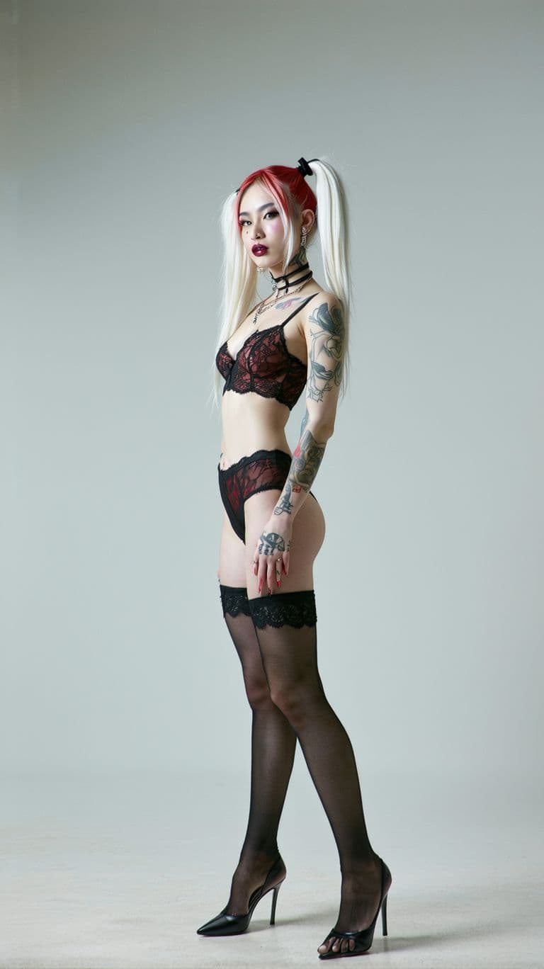 AI generated: A realistic, full-body photo of a fit, thin, perfect-bodied, very pale woman posing elegantly in a m...