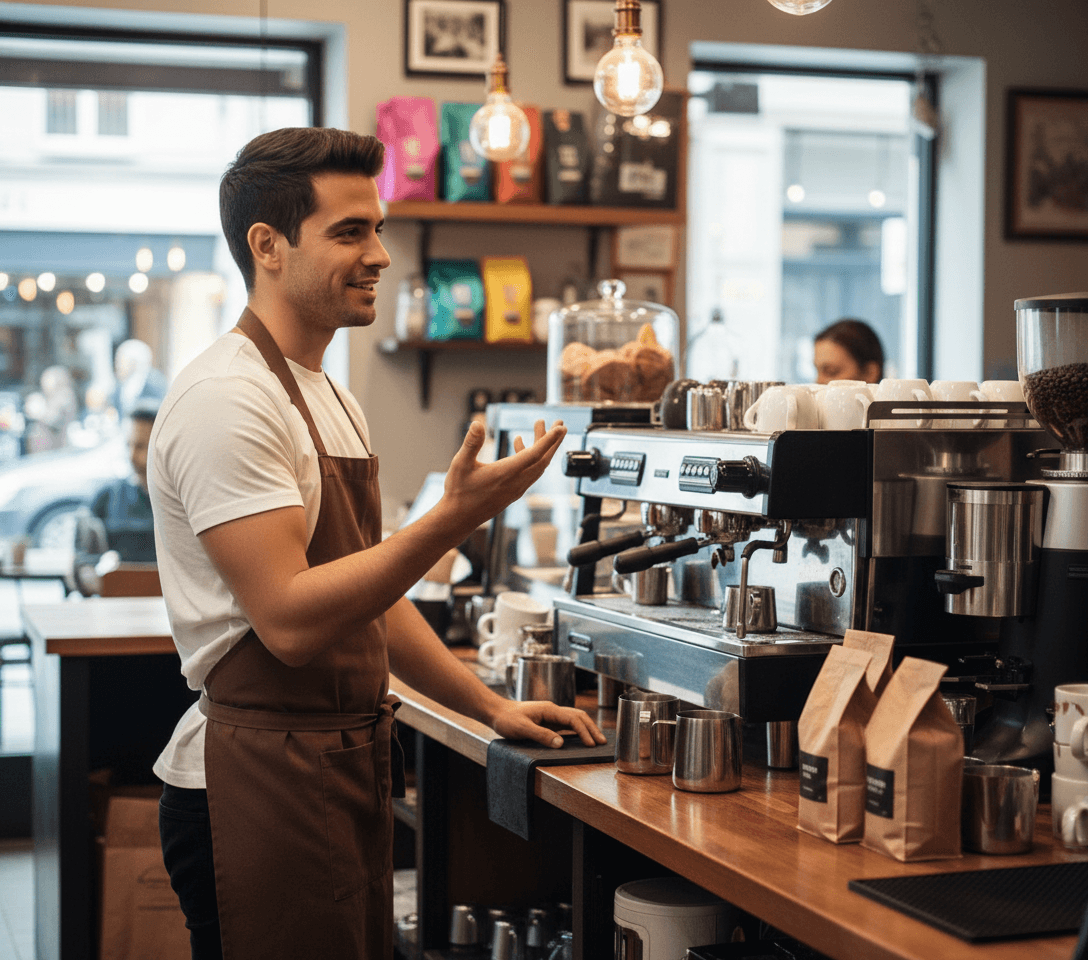 AI generated: At a coffee shop, a Hispanic male barista is talking, one of his hands is expressing conversation. H...