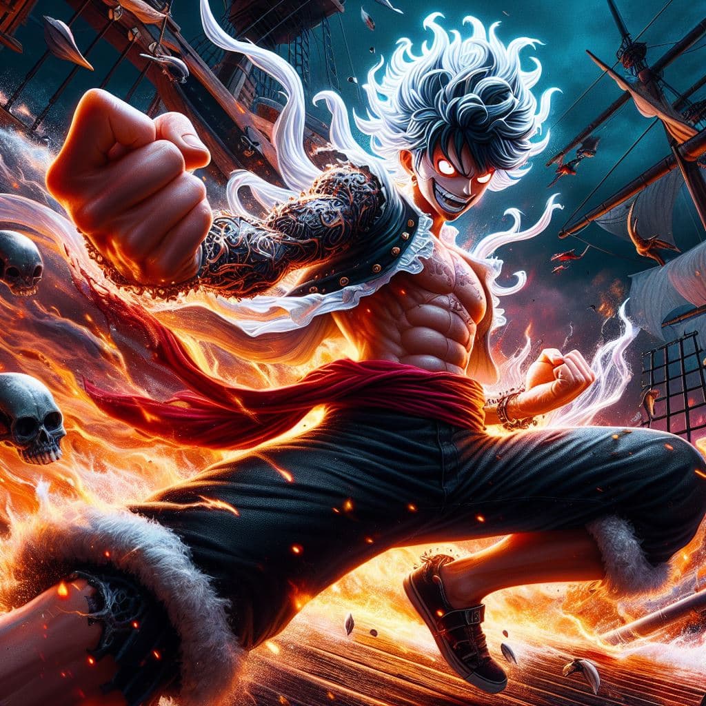 AI generated: A badass Luffy in a dynamic epic action pose, glowing curly manga white hair, black iron arms and fi...