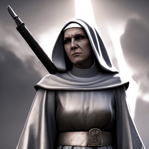 AI generated: Photo of a ultra realistic beautiful realistic battle nun :: triumphant pose, over a field of victor...