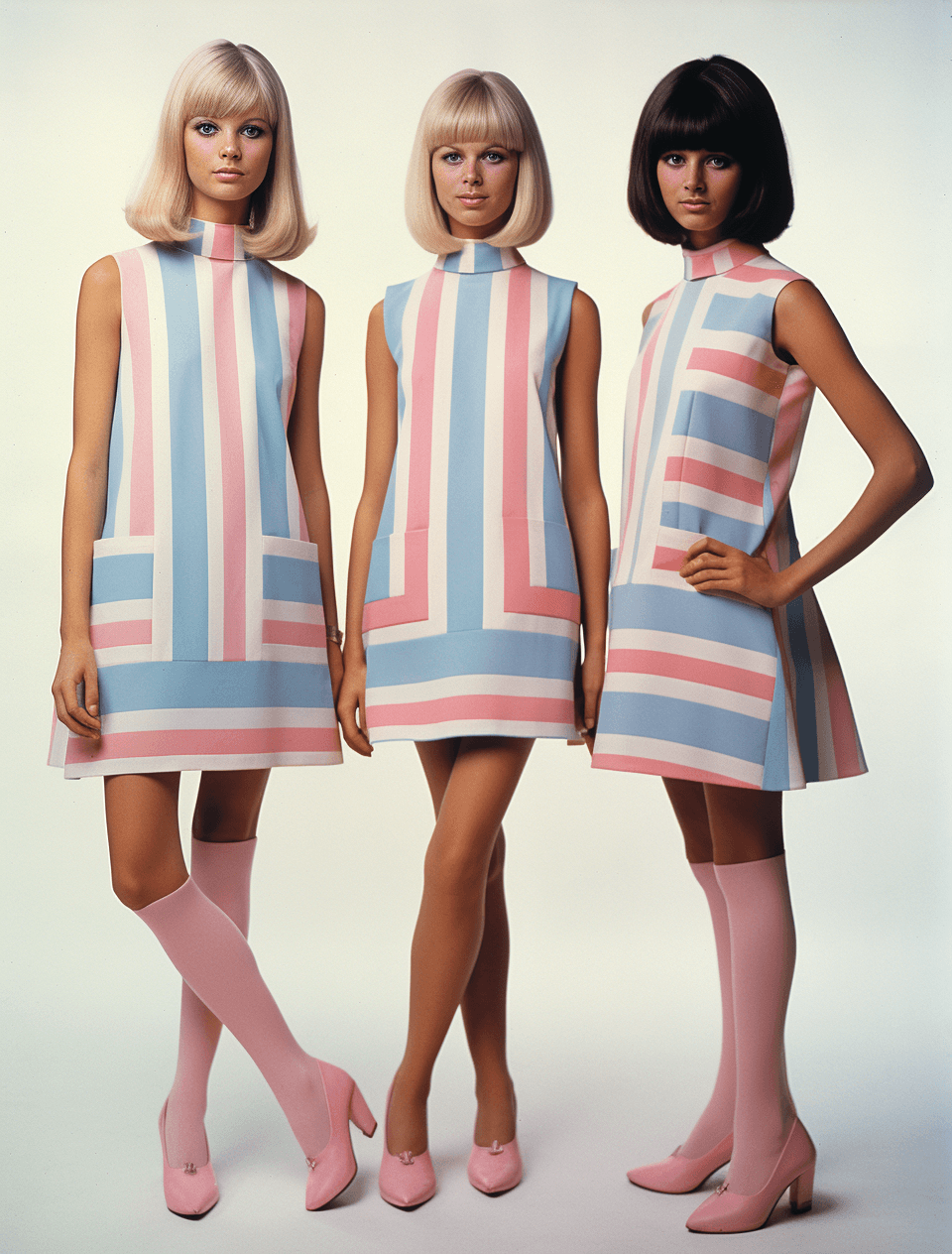 AI generated: A vintage fashion magazine page featuring three women wearing simple blue and pink checkered, stripe...