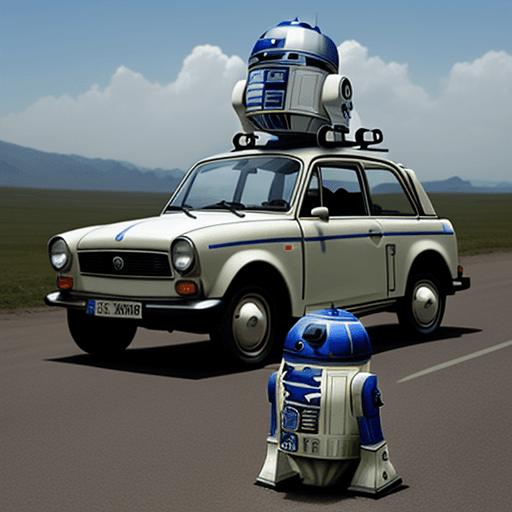 AI generated: A Trabant car in a Star Wars version with an R2 D2 on the planet Tatun