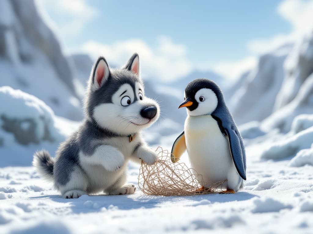 AI generated: Ein cartoonartiger Husky-Welpe und ein Pinguin in einem animierten Stil. Der Husky ist hellgrau und ...