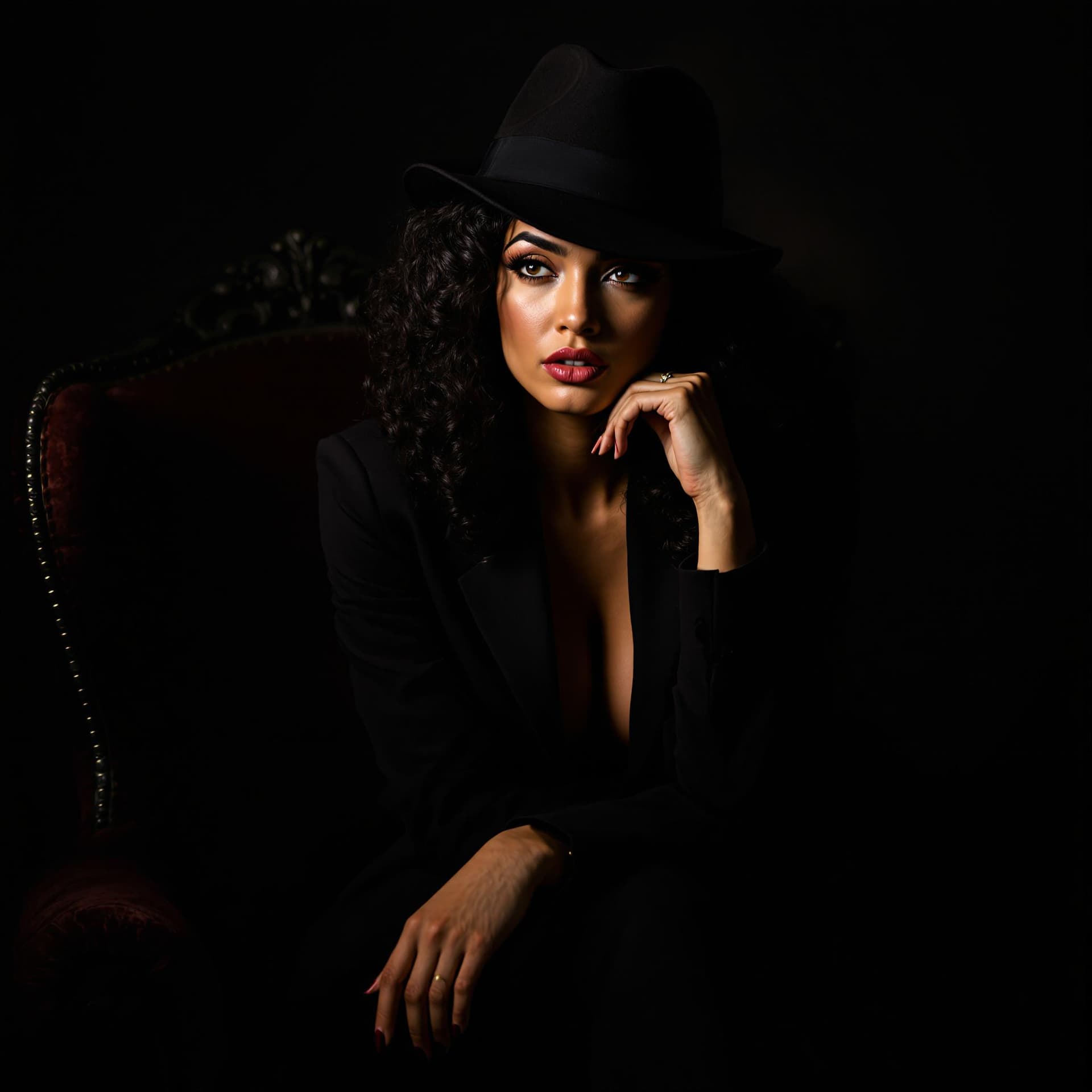 AI generated: A striking Latina woman with honey-brown eyes and voluminous dark curls poses in moody film noir lig...