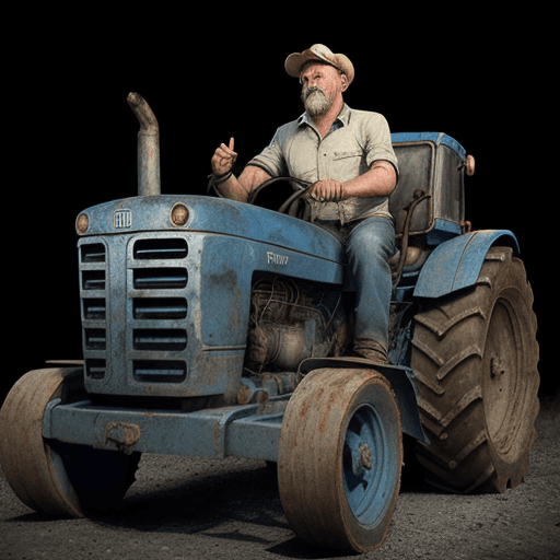 AI generated: Blue tractor man sings into a microphone, old metal, on black background, cinematic, hyper realism, ...