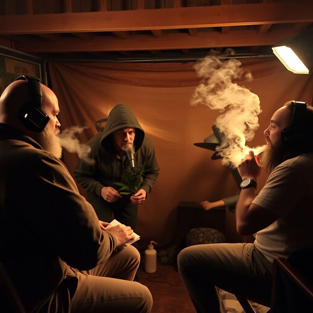 AI generated: Joe Rogan on set with unidentified beings. smoking weed, furious