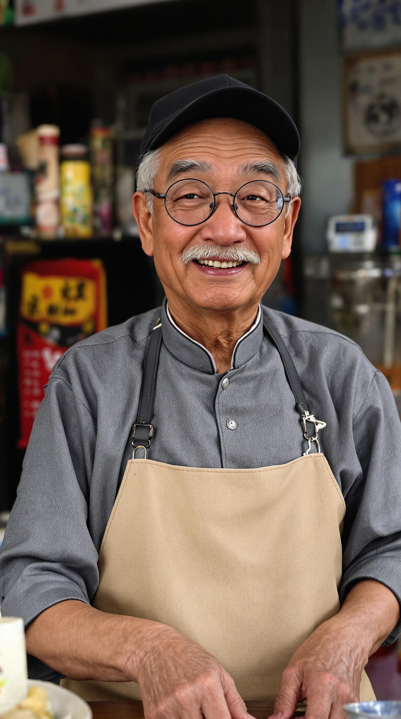 AI generated: Elderly Chinese noodle shop owner in his 70s; wearing traditional gray cotton Mandarin collar shirt ...
