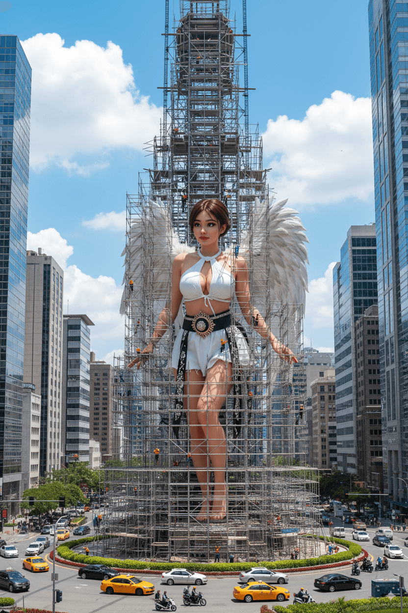 AI generated: An ultra-realistic, giant statue (based on the uploaded photo of the person) stands in the center of...