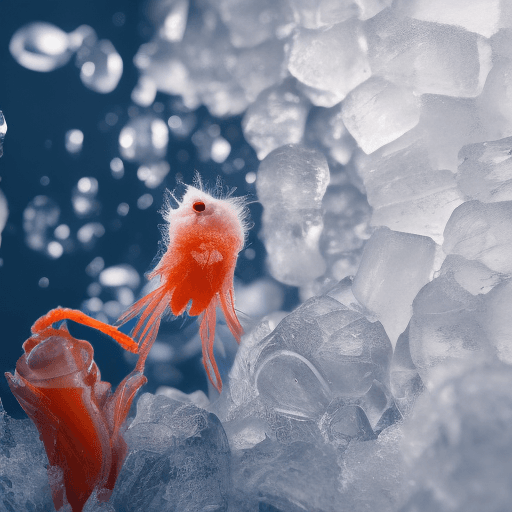 AI generated: Epic hyperrealistic photo of a dwarf shrimp inside a frozen ice cube, macro, fine details, film noir...