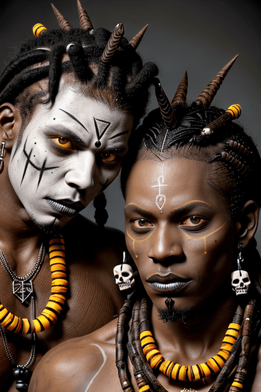 AI generated: Two male voodoo priests,  damballa, dark complexion, voodoo symbols on face, dark brown and white vo...