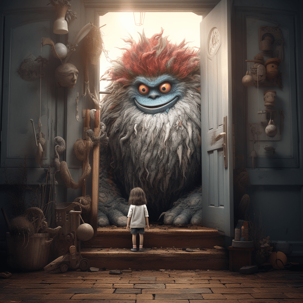 AI generated: edyth jiryevsky monster sitting by the door, in the style of realistic hyper-detailed rendering, qui...