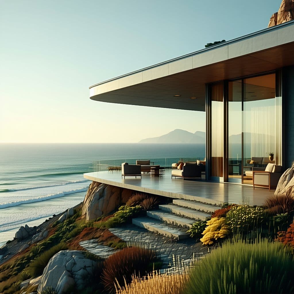AI generated: Hyper realistic eye level exterior photo of a mid century modern style house overlooking the ocean, ...