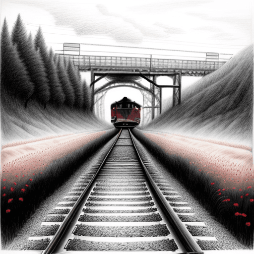 AI generated: beautiful pencil drawing of an emty rail road track, a train comeing from a dark tunel  on  little b...