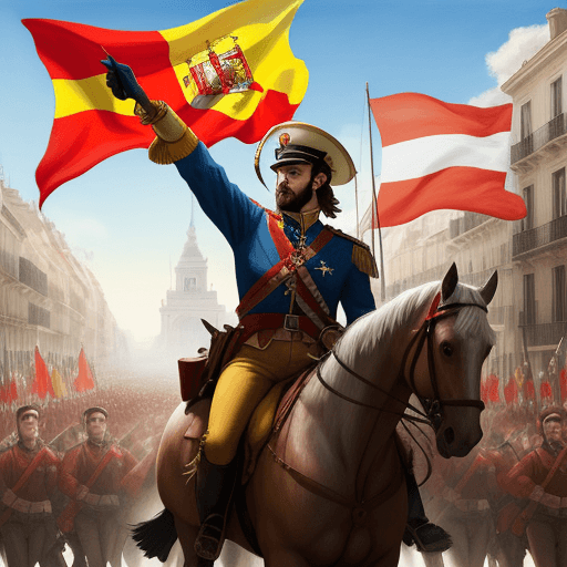 AI generated: Painting of: "freedom leading the people", but with a Spanish flag instead of a French one