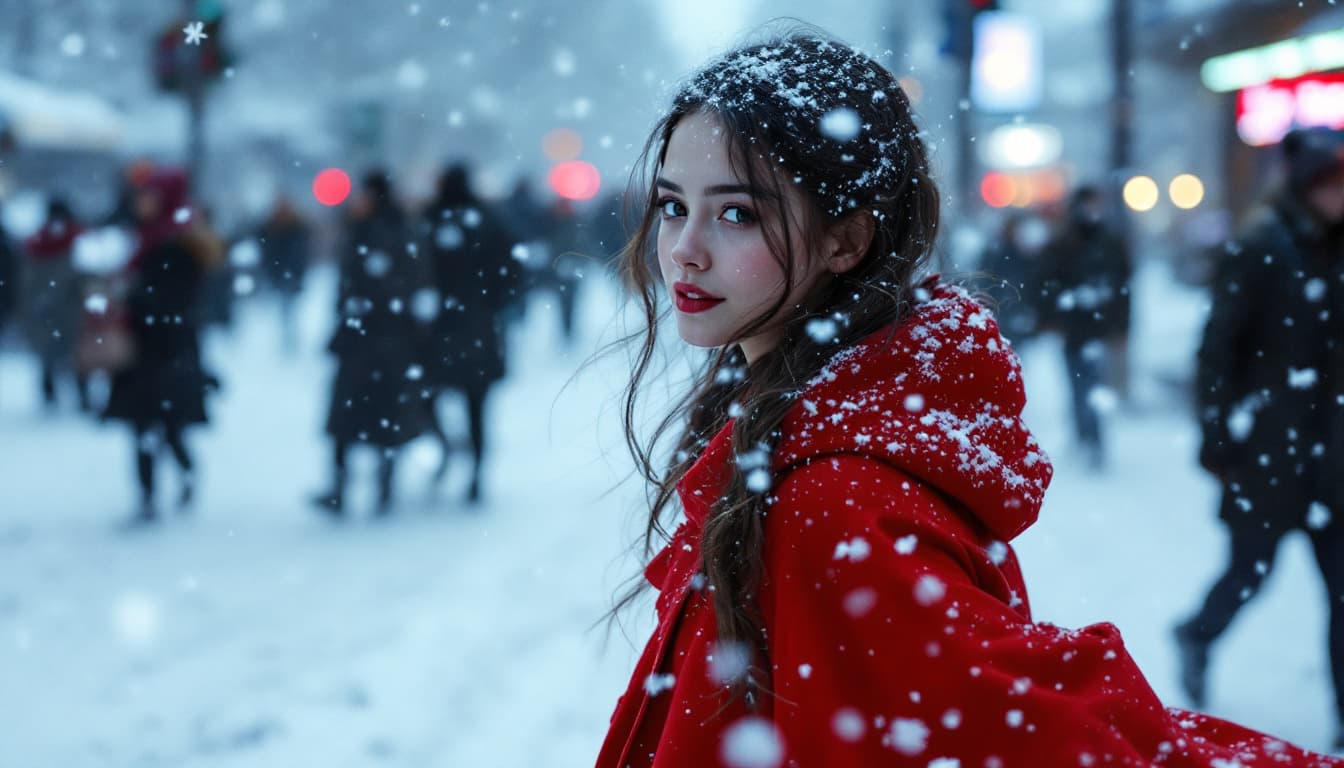 AI generated: A girl of 16, in a red dress, she is slightly transparent. It is snowing, snowflakes are flying thro...