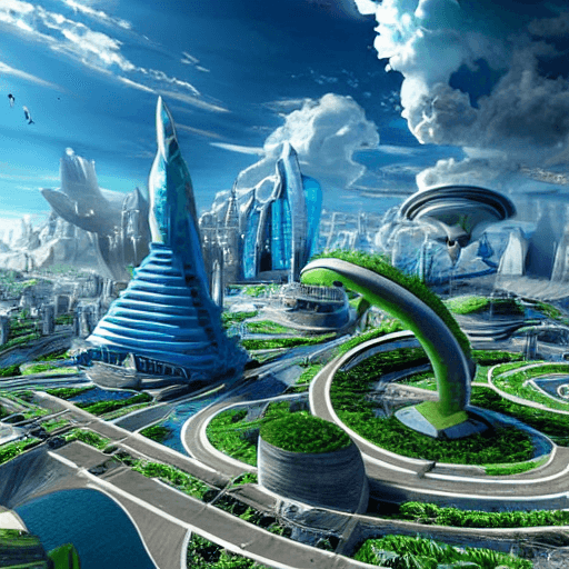 AI generated: futuristic hyper-realistic sci-fi city of atlantis with wispy clouds in a blue sky and lots of natur...