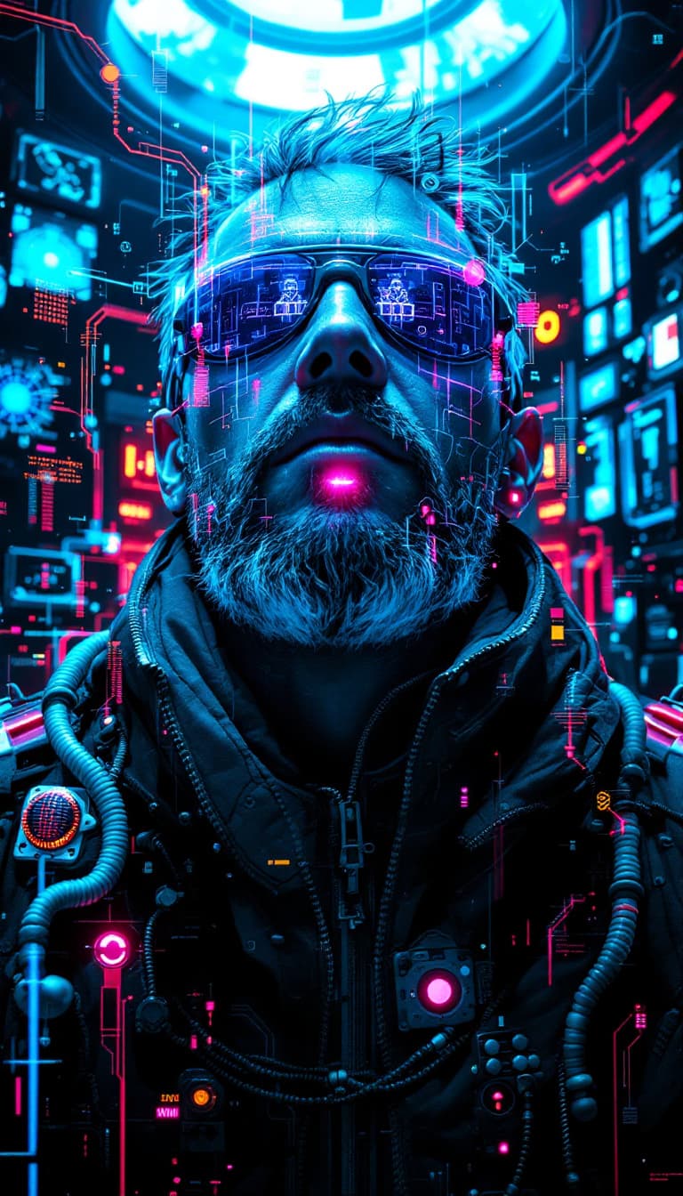 AI generated:  Portrait of a futuristic cyberpunk rebel leader, centered, adorned with revolutionary tech, in a hi...