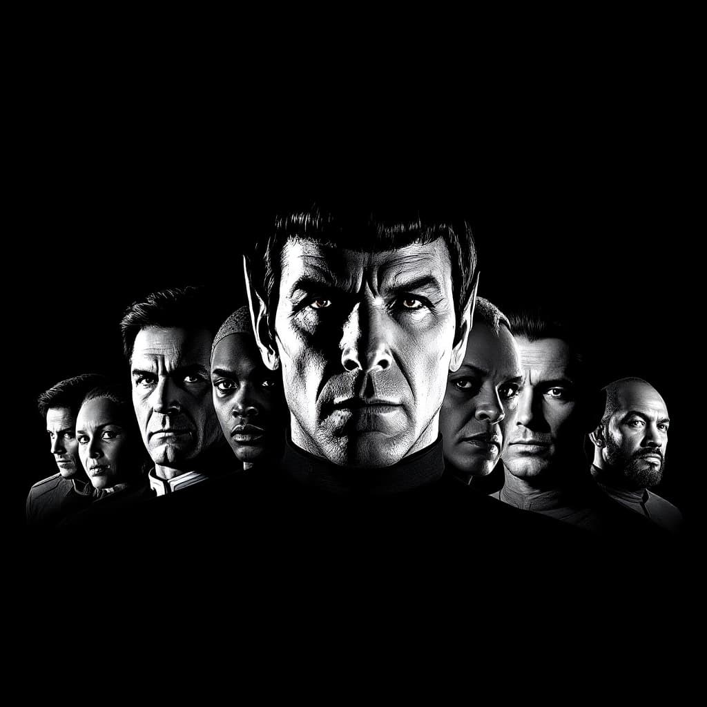 AI generated:  A dramatic, high-contrast black and white portrait of a diverse group of adult characters from Star...