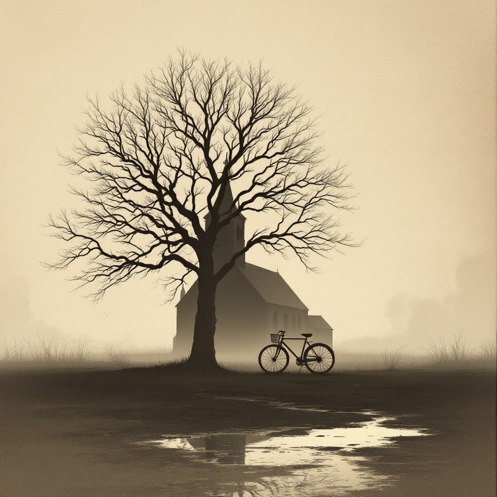 AI generated: An early English Gothic church leans against a bare tree in a minimalist sepia-toned scene. The chur...