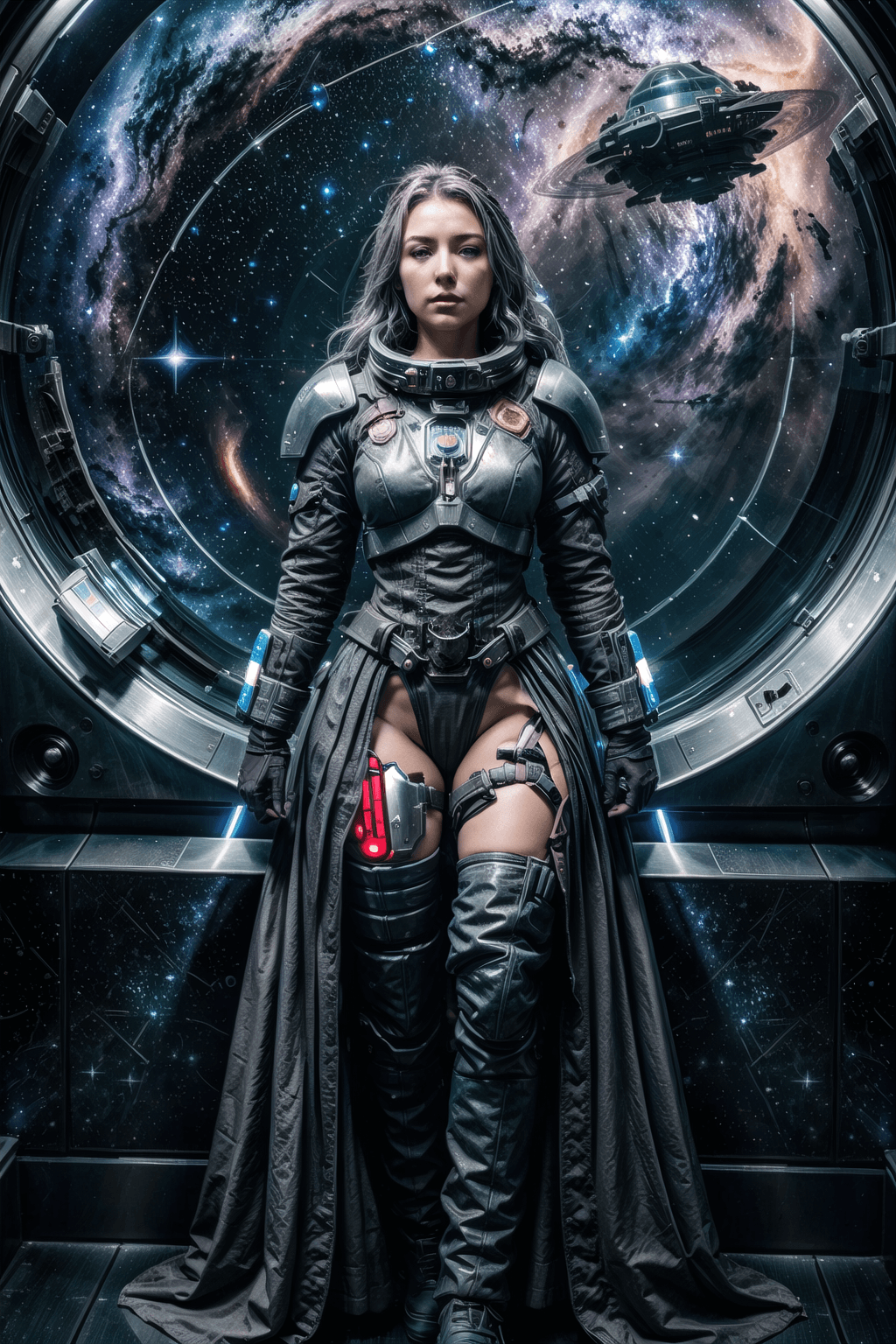 AI generated: full body 3/4 turn,head to toe image ,beautiful tired female Space pirate staying near porthole of s...