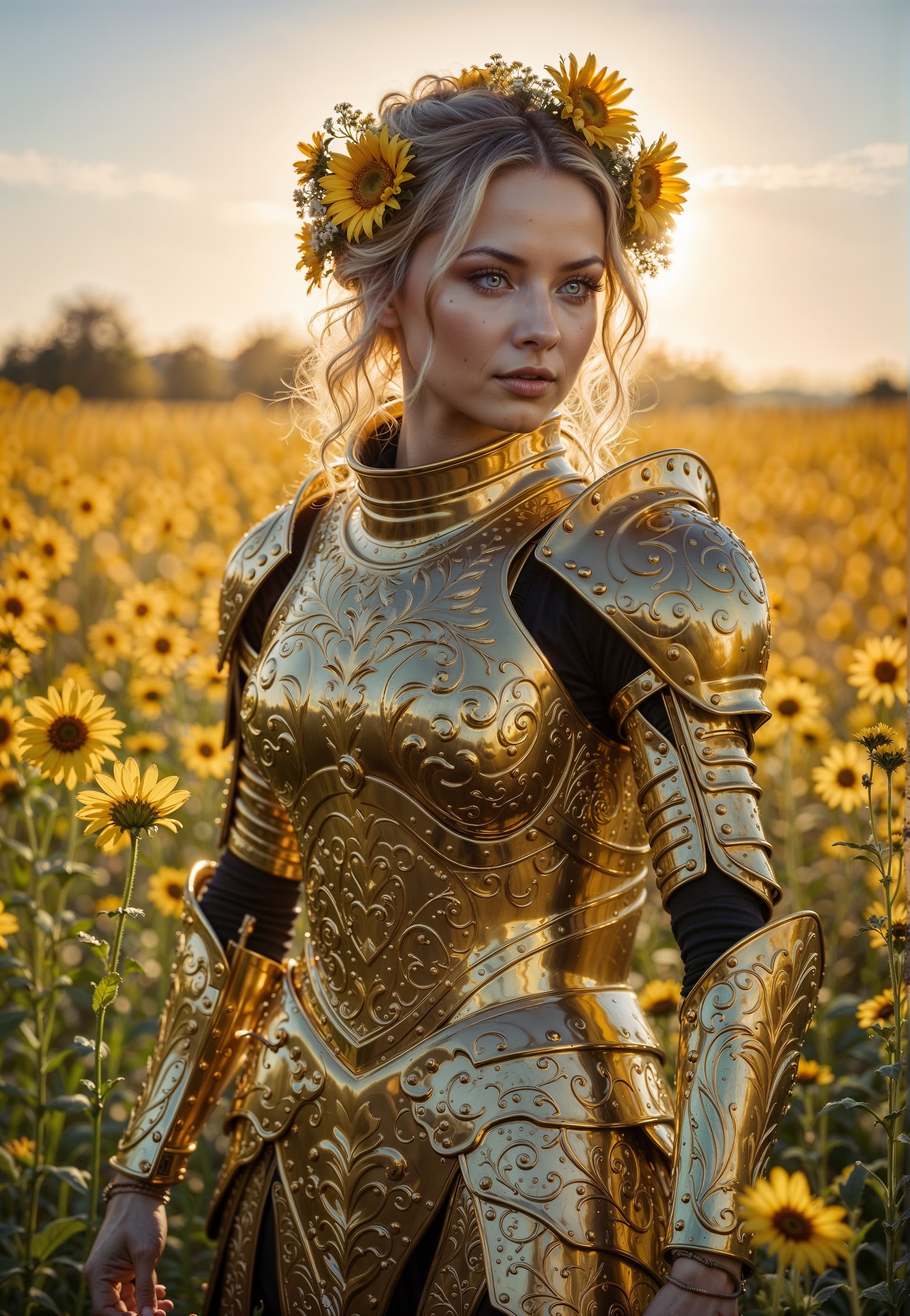 AI generated: In the Style of Adrian Smith. Golden Radiance Knight: Armor gleams with luminous golden reflections,...